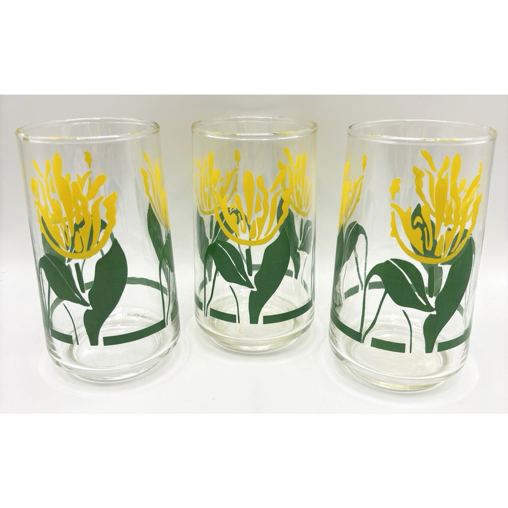 Libbey Tulip Juice Glasses Vintage 1970s Floral Yellow Green MCM Retro Set of 3